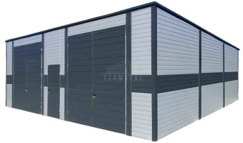 Hala - garaż blaszany 9,5x9m - 2 x brama dwuskrzydłowa - drzwi - jasny srebrny - antracyt - dach spad w tył TS1212