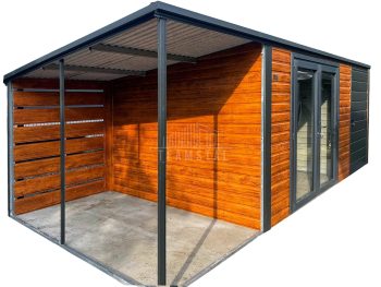 Schowek - domek ogrodowy 4x3m - wiata 1,5m - drzwi - drzwi szklane PCV - złoty dąb - drewnopodobny - antracyt - spad dachu w tył TS1214