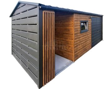 Schowek - domek ogrodowy 4x2,5m - wiata 2m - brama - okno - jasny orzech - drewnopodobny - dekor z lameli - rynna - dach dwuspadowy odwrócony - blachodachówka TS1184