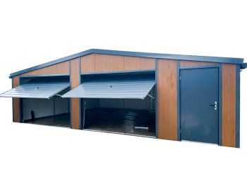 Garaż Ocieplany - Płyta Warstwowa 9x6 - 2x Brama uchylna - 2x okno - drzwi - Antracyt + jasny orzech - drewnopodobny - Rynny Blachodachówka dach dwuspadowy TS1238