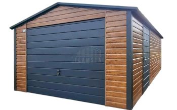 Garaż blaszany 4,5x6 m - brama uchylna - drzwi - jasny orzech - drewnopodobny - dach dwuspadowy TS1235