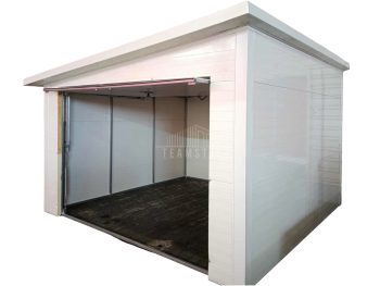 Garaż ocieplony z płyty warstwowej 3x3m - brama uchylna - biały - płyta warstwowa - dach spad w bok TS1239