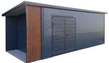 Garaż ocieplany z płyty warstwowej 5,5x3m - wiata 1m + dekor z lameli - brama dwuskrzydłowa - antracyt - płyta warstwowa - dach spad w tył TS1240