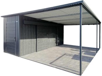 Schowek - domek ogrodowy 1,7x5 + wiata 3,3m - 2x drzwi przesuwne - drzwi standard - sosna norweska - drewnopodobne - spad w tył TS1241