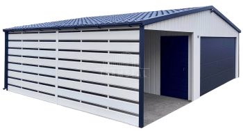 Garaż blaszany 6x6 + wiata 3x6 - brama segmentowa - drzwi - okno - biały - antracyt - blachodachówka - rynny - dach dwuspadowy TS1281