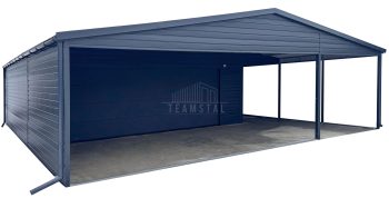 Garaż blaszany 6x6 m + 2x wiata - brama segmentowa - okno - antracyt - rynny - dach dwuspadowy TS1283