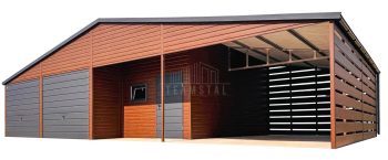 Garaż blaszany 9x6m + wiata 4m + wnęka - 2x brama uchylna - drzwi - 3x okno - ciemny orzech - drewnopodobny - dach dwuspadowy - rynny TS1285