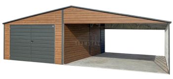 Garaż blaszany 4x6 m + wiata 6x6 m - brama dwuskrzydłowa - drzwi - antracyt - ciemny orzech - drewnopodobny - dach dwuspadowy TS1273