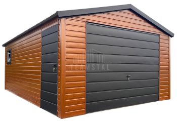 Garaż blaszany 5x6 m - brama uchylna - drzwi - okno - złoty dąb - drewnopodobny - dach dwuspadowy TS1275