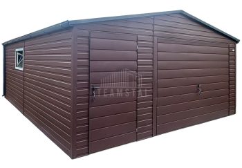 Garaż blaszany 6x6 m - brama uchylna - drzwi - okno - ciemny brąz - dach dwuspadowy - rynny TS1319
