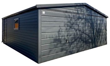 Garaż blaszany 6x5,8 m - 2x brama uchylna - drzwi - okno - antracyt - dach dwuspadowy - rynny TS1277