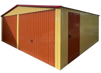 Garaż blaszany 7x6m - 2x brama uchylna - drzwi - okno - piaskowy - dach dwuspadowy TS1322