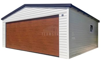 Garaż blaszany 6x6m - brama segmentowa - drzwi - 2x okno - biały - rynny - dach dwuspadowy TS1332