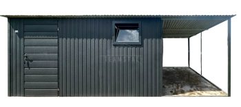 Schowek - Domek ogrodowy 4x5 m + wiata 2x5 m - drzwi - okno - antracyt - dach spad w tył TS1342