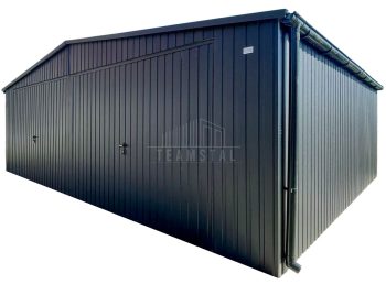 Garaż blaszany 8x6m - 2x brama uchylna - antracyt - dach dwuspadowy - drzwi - rynny TS1324