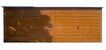 Garaż blaszany 6x6m - 2x brama uchylna - jasny orzech - drewnopodobny - dach spad w tył TS1321