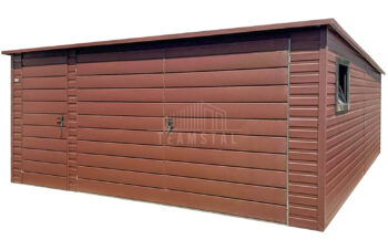 Garaż blaszany 5x5 m - brama dwuskrzydłowa - drzwi - okno - ciemny brąz - dach spad w tył TS1305