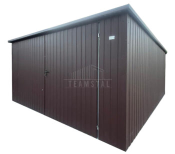 Garaż blaszany 5x5m - brama dwuskrzydłowa - ciemny brąz - dach spad w tył - rynna TS1307