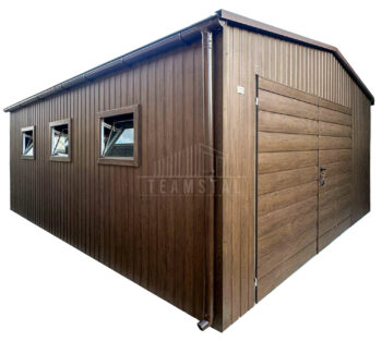 Garaż blaszany 5x6 m - brama dwuskrzydłowa - drzwi - 5x okno - ciemny orzech - drewnopodobny - rynny - dach dwuspadowy TS1309