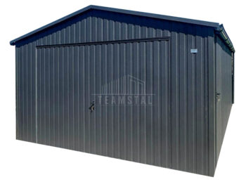 Garaż blaszany 5x6 m - brama uchylna - drzwi - antracyt - rynny - dach dwuspadowy TS1310