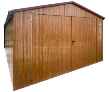 Garaż blaszany 5x6m - brama dwuskrzydłowa - jasny orzech - drewnopodobny - dach dwuspadowy - rynny TS1313