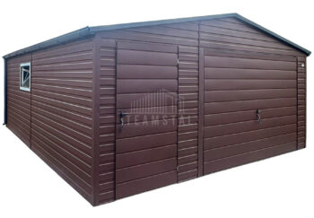 Garaż blaszany 6x6 m - brama uchylna - drzwi - okno - ciemny brąz - dach dwuspadowy - rynny TS1319