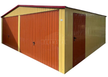 Garaż blaszany 7x6m - 2x brama uchylna - drzwi - okno - piaskowy - dach dwuspadowy TS1322