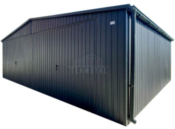 Garaż blaszany 8x6m - 2x brama uchylna - antracyt - dach dwuspadowy - drzwi - rynny TS1324