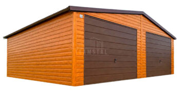 Garaż blaszany 7,5x6 m - 2x brama uchylna - jasny orzech - ciemny orzech - drewnopodobny - dach dwuspadowy TS1333