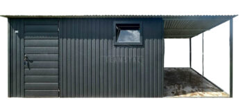 Schowek - Domek ogrodowy 4x5 m + wiata 2x5 m - drzwi - okno - antracyt - dach spad w tył TS1342