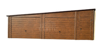 Garaż blaszany 8,5x6 m - 2x brama uchylna - drzwi - ciemny orzech - drewnopodobny - dach spad na bok - rynny TS1359