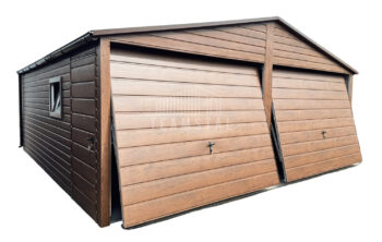 Garaż blaszany 6x6 m - 2x brama uchylna - 2x okno - ciemny orzech - drewnopodobny - rynny - dach dwuspadowy TS1358